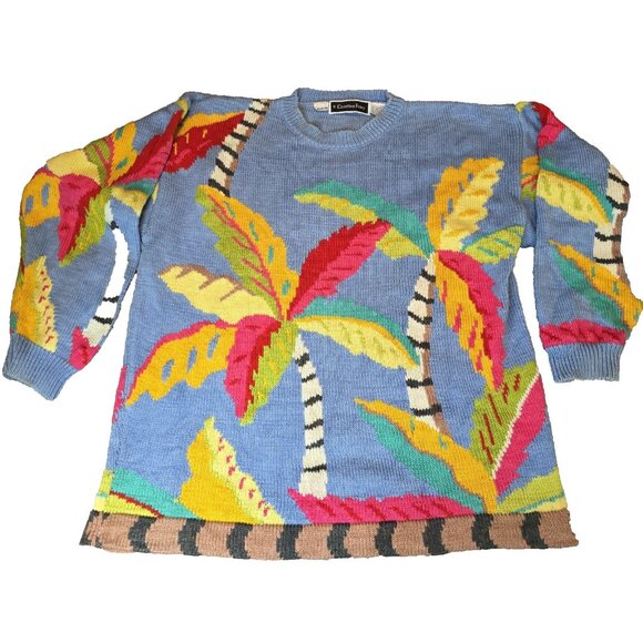 Vintage Christine Foley Art Knit Sweater 80s 90s Palm Tree Oversized Beach - Picture 1 of 10